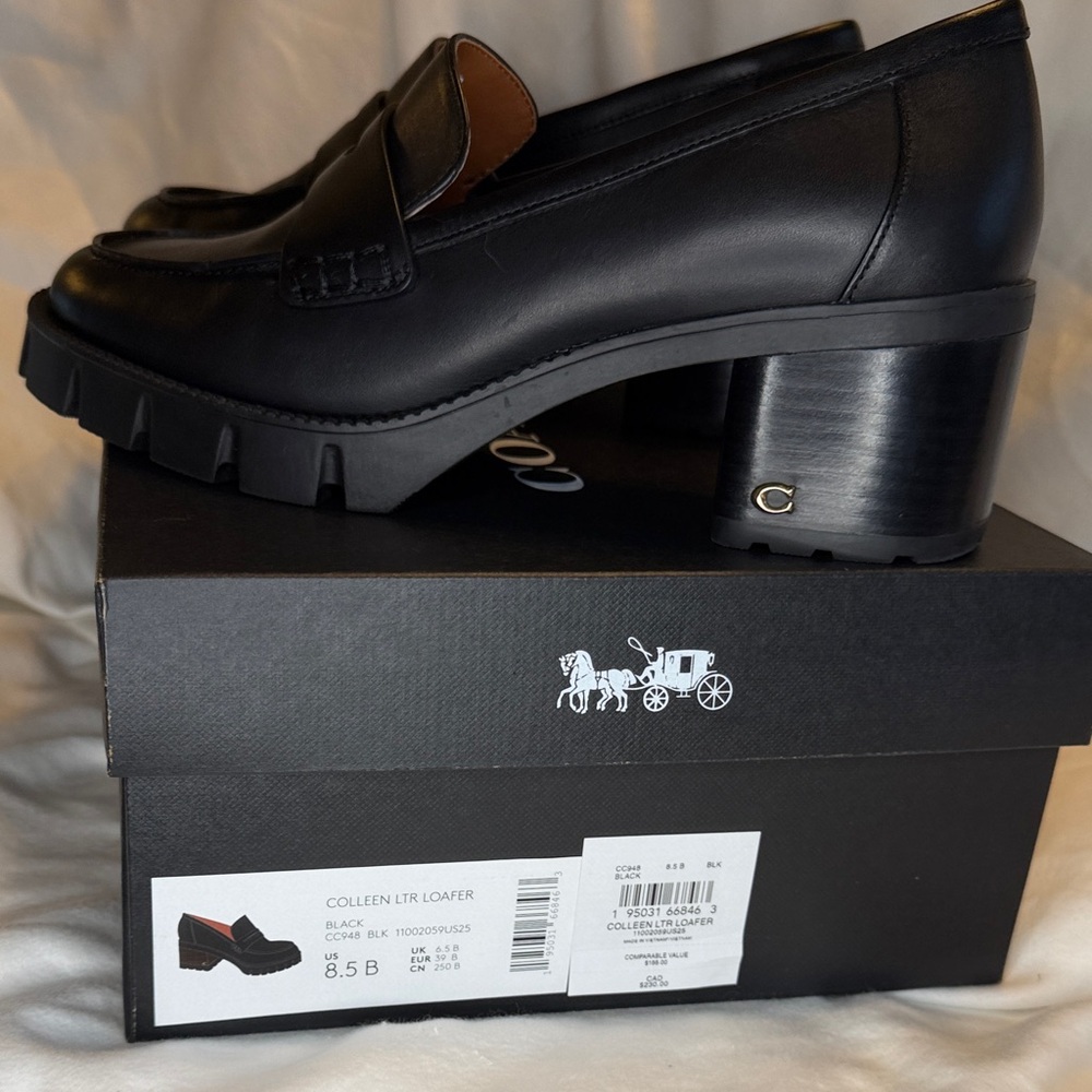 Coach Black Lug-Sole Penny Loafers with Block Heel - Picture 9 of 11